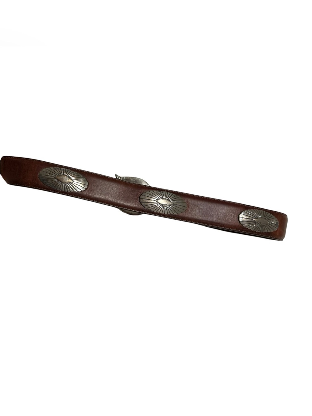Vintage 1993 L.L.Bean Western Concho Leather Belt Brown Silver Tone USA Made - Picture 5 of 8
